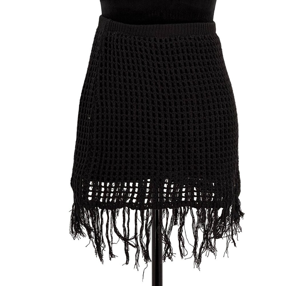 Pink Lily Crochet Mini Skirt Womens S Black Fringe Open Knit Bohemian Cottage